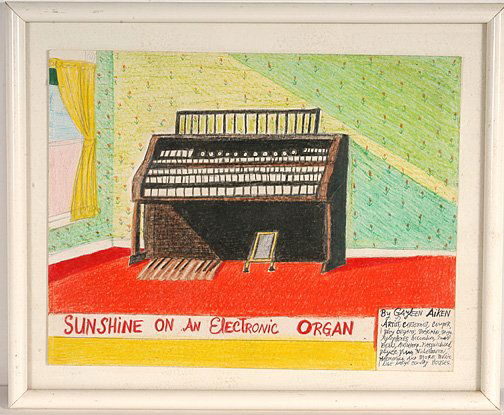 Gayleen Aiken. Sunshine On Electric Organ.: Gayleen Aiken (1934-2006). Ink, crayon and colored pencil on paper. Signed and dated, 9/85. 14" w x 11"h. Frame is 17" w x 14"h. Framed to display artist's notes on back of piece. Excellent condition.
