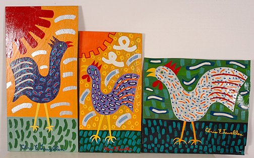 Chris Lewallen. Chicken Trio.: Enamel on wood and tin. All signed on front and back and dated 1998, 2000, 2000. Largest is 12" x 24"h. All in excellent condition. Est. $100-200. Ship: $35