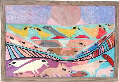 Toby Ivey. Birds and Cats.: Paint and marker on paper. 32" w x 22"h. Est. $300-500. Ship: $40