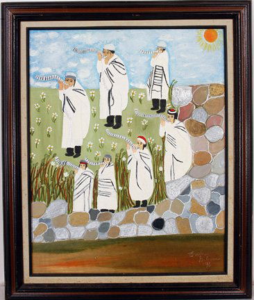 Evelyn Gibson. Blowing the Shofar.: Acrylic on canvas board. 1996. 16" w x 20"h. Frame is 20" w x 24"h. Excellent condition. Est. $200-400. Ship: $35