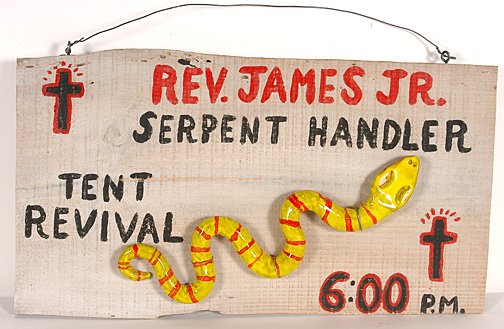 Randy Tobias. Serpent Handler Sign.: Ceramic snake, paint on old wooden board. Signed on back. 29"x 15". Excellent condition. Est. $300-400. Ship: $45