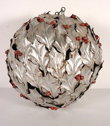 Hollyball Christmas Decoration.: c. 1940's. Found in Midwest Mom & Pop department store. Cut metal assemblage. 18" diameter. Excellent condition. Est. $200-300. Ship: $35