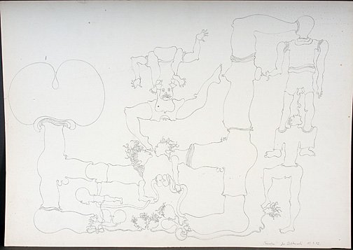 Jan Dobkowski. Tamaerka Erotic Drawing.: Graphite on paper. c. 1972. Free flowing, almost all continual lines. Abstract erotic imagery. 29" w x 20"h. Est. $300-500. Ship: $35