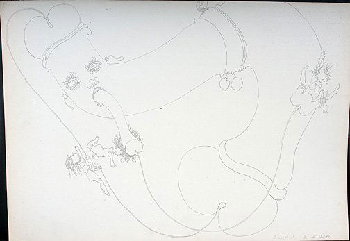 Jan Dobkowski. Rookgey Venus Erotic Drawing.: Graphite on paper. c. 1972. Free flowing, almost all continual lines. Abstract erotic imagery. 29" w x 20"h. Est. $300-500. Ship: $35