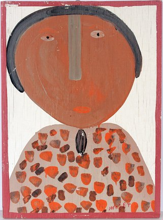 Mose Tolliver. Brown Portrait.: Housepaint on wooden board. 1989. Slight chipping. 18"w x 24"h. Est. $300-500. Ship: $30