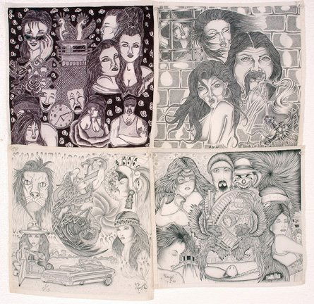 Chicano TX Prison Inmates. 4 Panos.: Ink on cotton with themes such as prison tower, lowriders, cockfighting, women, gang symbols. c. 1997. 15" x 15"h each. Est. $300-500. Ship: $20