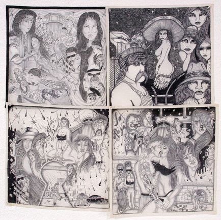 Chicano TX Prison Inmates. 4 Panos.: Ink on cotton. Pieces feature many scatily clad women. c. 1997. 15" x 15"each. Est. $300-500. Ship: $20