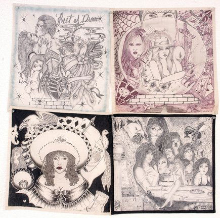 Chicano TX Prison Inmates. 4 Panos.: Ink on cotton. Pieces include a Fortune Teller, Just A Dream and Lovers. c. 1997. 15" x 15"each. Est. $300-500. Ship: $20