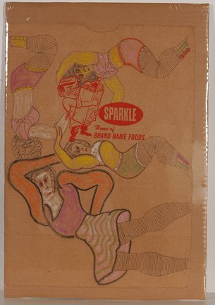 Lewis Smith, Sparkle.: Ink, crayon and pastel on brown grocery bag with original label. 12" w x 17"h. Est. $100-200. Ship: $25