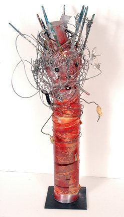 Albert Wagner. Abstract Red Sculpture.: Albert Wagner (1924-2006). Wood, wire and other found materials. 15"w x 39"h. Est. $100-200. Ship: $40. Wagner is the subject of an award-winning documentary entitled, "One Bad Cat.