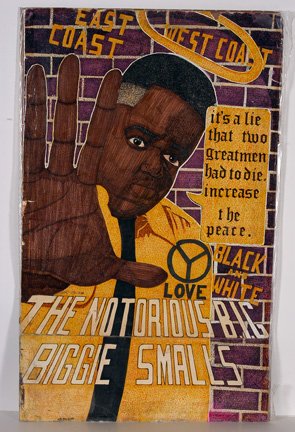 James Milton Brown. Biggie Small.: Ink and paint on paper. Pointilism work. Backed on pegboard covered with plastic. Signed and dated, 5/31/98. 22" w x 36"h. Est. $200-300. Ship: $40