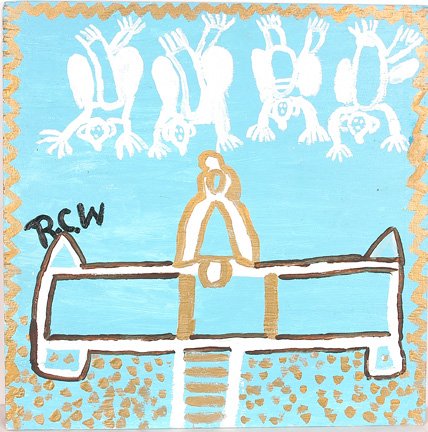 Ruby Williams. Four Angels & a Church.: Paint on cardboard. 24" w x 24"h. Est. $100-200. Est. $35