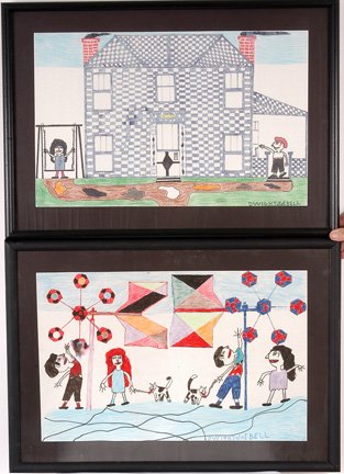 Dwight Joe Bell. Home and Whirligigs.: Pair of paintings. Colored pencil on paper. 22" w x 14"h, framed, 27.5" x 19" h, 1995. Top work has some water damage. Provenance: Barbara Louviere, acquired from Betty Carol-Sellen. Est. $200-400. Sh