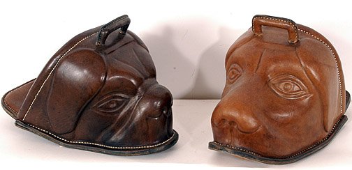 Maestro Luis Leopoldo Obando. Stirrups.: Hand carved leather. Great detail. Esperanza, Imbabura, Ecuador, c. 1990. 11" x 7.5" x 6". Provenance: The American Folk Art Museum's, The Folk Art of Latin American - Visiones Del Pueblo Exhibition. 