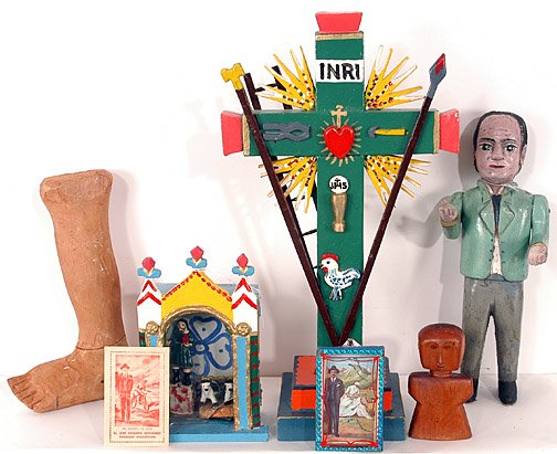 South American Wood Carvings.: Seven assorted wood carvings including polychrome wood cross. 18" h x 10" w. Provenance: The American Folk Art Museum's, The Folk Art of Latin American - Visiones Del Pueblo Exhibition. Est. $50-100. 