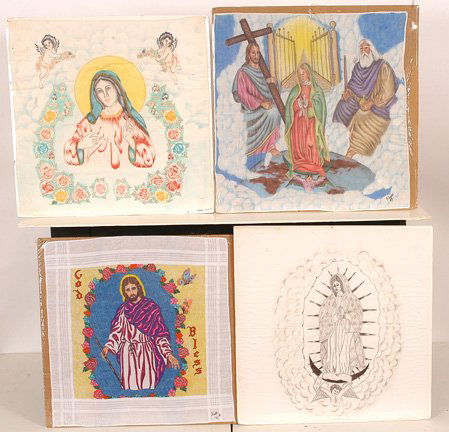 Chicano Prison Inmates, Panos.: Handkerchief art. Some are signed. All are ink on cloth hanky. Most are from the mid 1990's and measure 17" x 17". Provenance: The Ben Apfelbaum Collection. Est. $200-300. Ship: $30