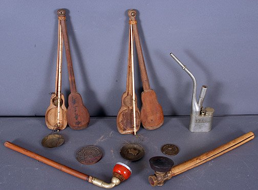 Antique Chinese Water Pipe Utencils.: Two Opium scales with three additional weights. Two Opium pipes made with bamboo stems and metal bowls. Lot also includes one metal Chinese tobacco water pipe. Provenance: The Atlanta Museum. Est. $20
