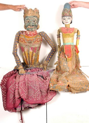 International Puppets.: Likely from Thailand and Burma. Pair of large puppets. The life size puppet is 64" h and has a tag identifying it as Burmese. Both have painted, carved wooden heads & cloth bodies. The smaller piece i
