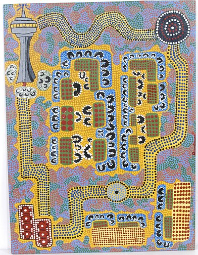 Quang Nguyen. Trip to Seattle.: Work based on Aboriginal Art. Paint on panel. 18" x 24". Est. $200-300. Ship: $25
