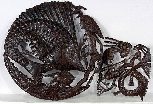 Man & Fish / Mermaid Haitian Cutouts.: Pair of cut metal sculptures. 23" x 24" is the largest. Mermaid is 12.5" x 13". Est. $100-200. Ship: $40