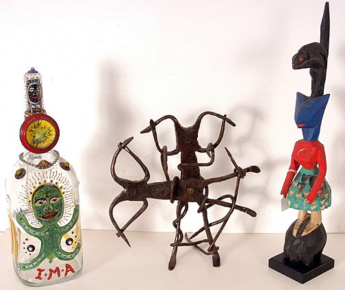 International Art Trio.: Three pieces. 1. Iron Figure from Haiti, initialed, "T.P." Wrapped and joined forged iron. 2. Mexican folk art totem, Oaxaca area. Ventura Fabian, c. 1990's. 19" x 3.5" x 3.5". 3. Kevin Orth, Painted 
