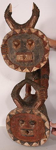 Ivory Coast Dancing Mask.: Gobi Tribe, Ivory Coast. Carved wood. Some repairs. 37" h x 12" w x 12". Est. $200-300. Ship: $45