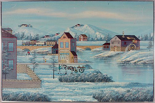 Jonas Bradford. Pale Horse.: Oil on canvas. 36" x 24.5" with frame. The painting has several scratches along the top, otherwise good condition. Est. $100-300. Ship: $65