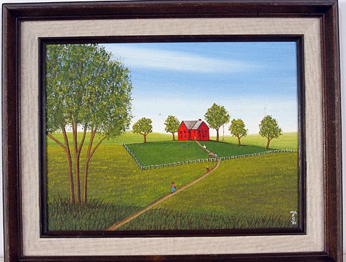 Ma Eno. Red Farm House On Hill.: 1985. Acrylic on masonite. 12" x 9". 15.5" x 12.5" with frame. Est. $100-300. Ship: $30