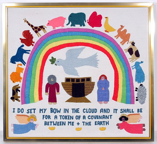 Noah, The Ark and His Wife. : Embroidered fabric. Initialed, "C.H." 1977. 25" x 23" with frame. Est. $50-100. Ship: $25