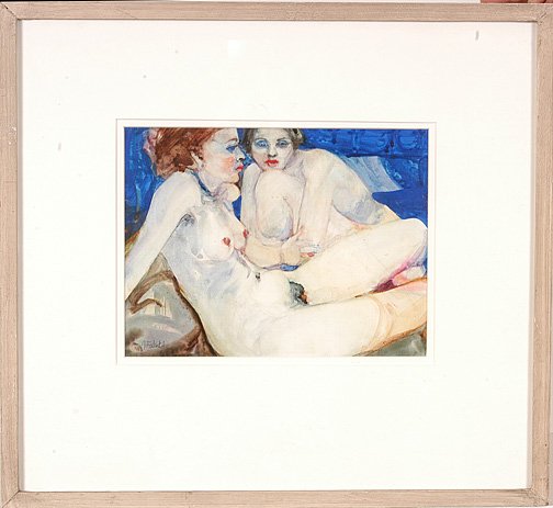 J. Fabert. Nude Women.: Watercolor on paper. 11" x 8.5". Frame is 20" x 18.5". Excellent condition. Est. $300-500. Ship: $35