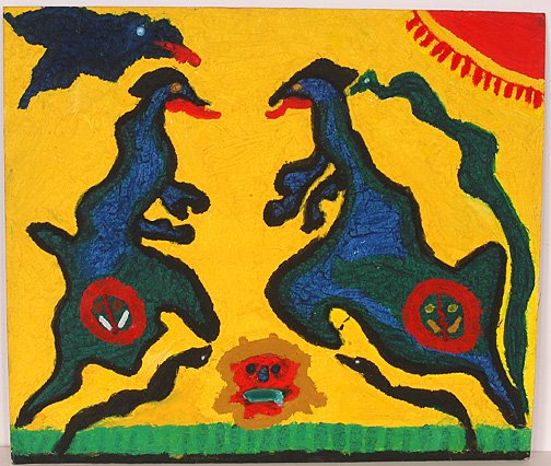 Edwin Woolfolk. Warring Creatures.: Prison Art. 1994. Paint stick on cardboard. 17" x 15". Provenance: Phyllis Kornfeld, author of Cellblock Visions. Est. $300-500. Ship: $25