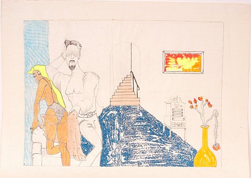 Karen Brown. Blue Carpet.: Prison Art. 1989. Tempra, pencil, glitter on paper. 24" x 18". Provenance: Phyllis Kornfeld, author of Cellblock Visions. Est. $300-500. Ship: $25