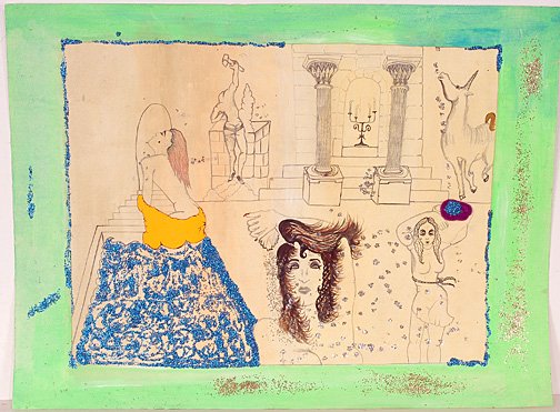 Karen Brown. Brunette.: Prison Art. 1989. Tempra, pencil, yarn, ink and glitter on paper. 24" x 18". Provenance: Phyllis Kornfeld, author of Cellblock Visions. Est. $300-500. Ship: $25