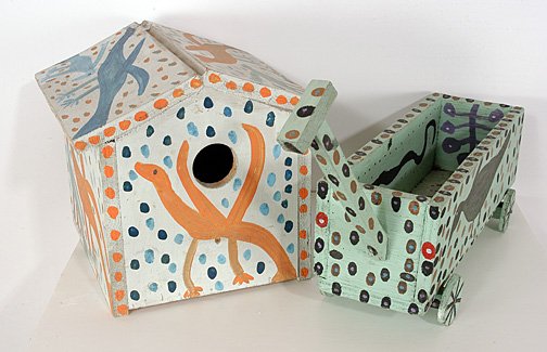 Mose & Annie Tolliver. Birdhouse & Toy: Both are paint on wood. Birdhouse measures, 13" long x 13" w x 12" h. Est. $300-500. Ship: $45