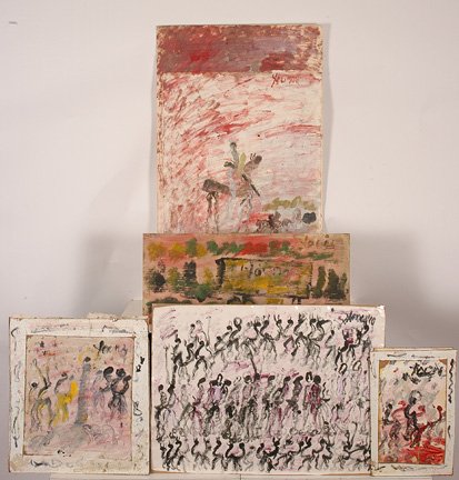 Purvis Young. Trio.: Three colorful works. Paint on wood, masonite, carpet scraps and duct tape. All are signed. Tallest piece is 14.5" w x 35". The smallest piece is 12" x 17". All are in excellent condition. Est. $300-6