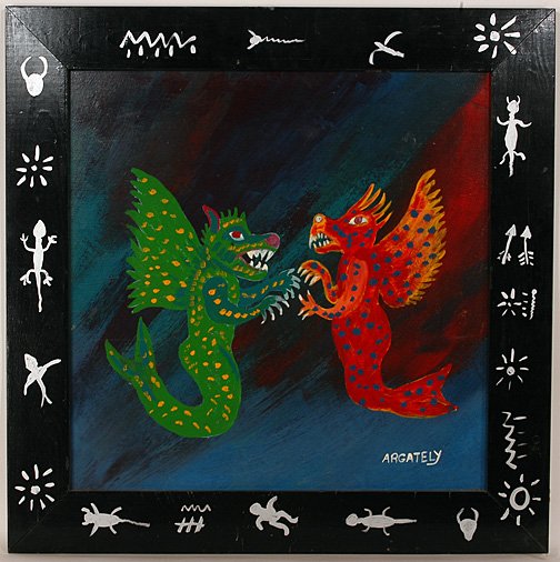 Argately. Green & Red Winged Monsters.: Paint on wooden board. 30" x 30" including decorated artist frame. Excellent condition. Est. $100-200. Ship: $40