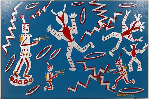 Argately. Robots On Blue.: Signed. Paint on wooden board. 36" x 24". Excellent condition. Est. $100-200. Ship: $50
