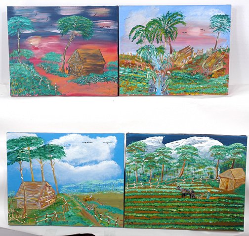 Charlie Shaw. Farm Memory Paintings.: Charlie Shaw (Atlanta, GA 1936-2001). Group of 4 paintings by Shaw. All are acrylic on canvas. 20" x 16" each. Painted in the late 90's, early 2000's. Each piece has a description of the image and the