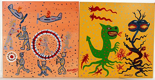 Argately. Monster & Robot Paintings.: Signed. Paint on wooden boards. 24" x 24". Excellent condition. Est. $100-200. Ship: $35