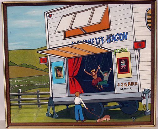 Marionette Wagon.: Paint on canvas. 25" x 21" h with frame. Provenance: The Penny Marshall Collection. Est. $100-200. Ship: $35