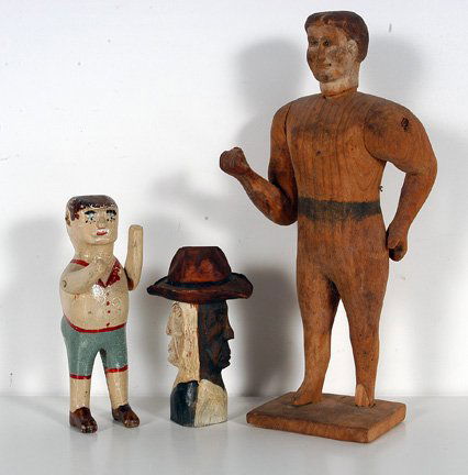 Various Carvings.: 3 Small Carvings. All carved wood with paint. Largest is 9.5" h and is missing part of a foot. Est. $100-200. Est. $35