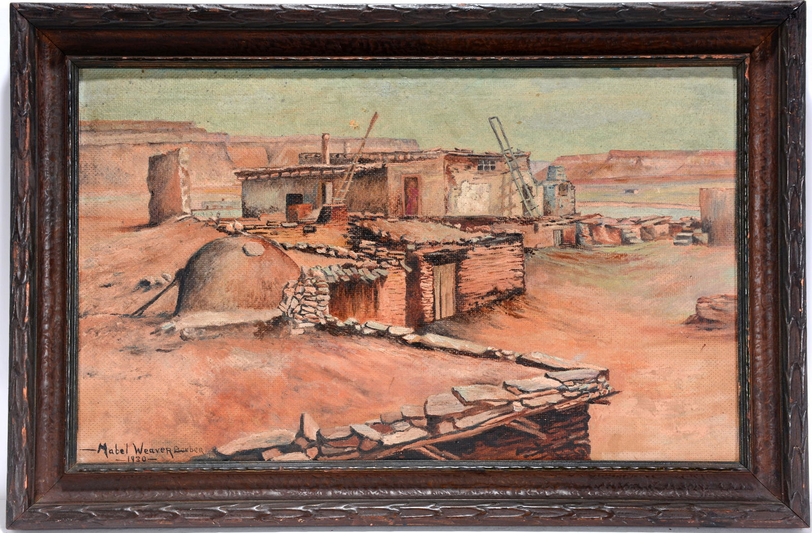 Mabel Weaver. Early Pueblo Scene.: Mabel Weaver. Early Pueblo Scene. 1930. Signed and dated. Oil on Masonite. Excellent condition. 25"w x 17"h with frame. Est. $800-1,200. Ship: $55