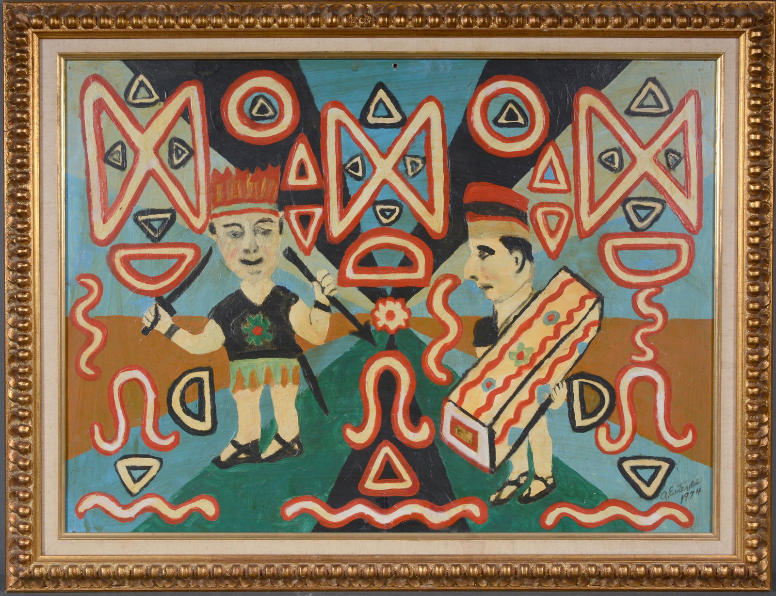 Antonio Esteves. Ceremonial Figure With Coffin.: Antonio Esteves. Ceremonial Figure With Man Carrying Coffin. 1974. Signed and dated. Oil on found Masonite. Hole upper middle from original hanging, otherwise excellent condition. 35"w x 27"h with fra
