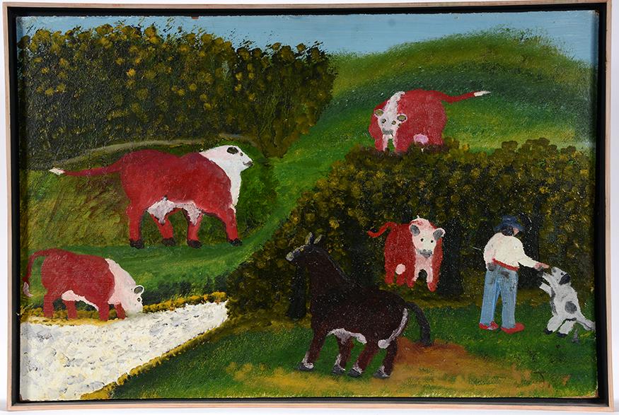 Rev. Johnnie Swearingen. Cattle Scene.: Rev. Johnnie Swearingen. Cattle Scene. Initialed. Oil on Masonite. Excellent condition. Size with frame is 25"w x 17"h. Est. $1,000-3,000. Ship: $55