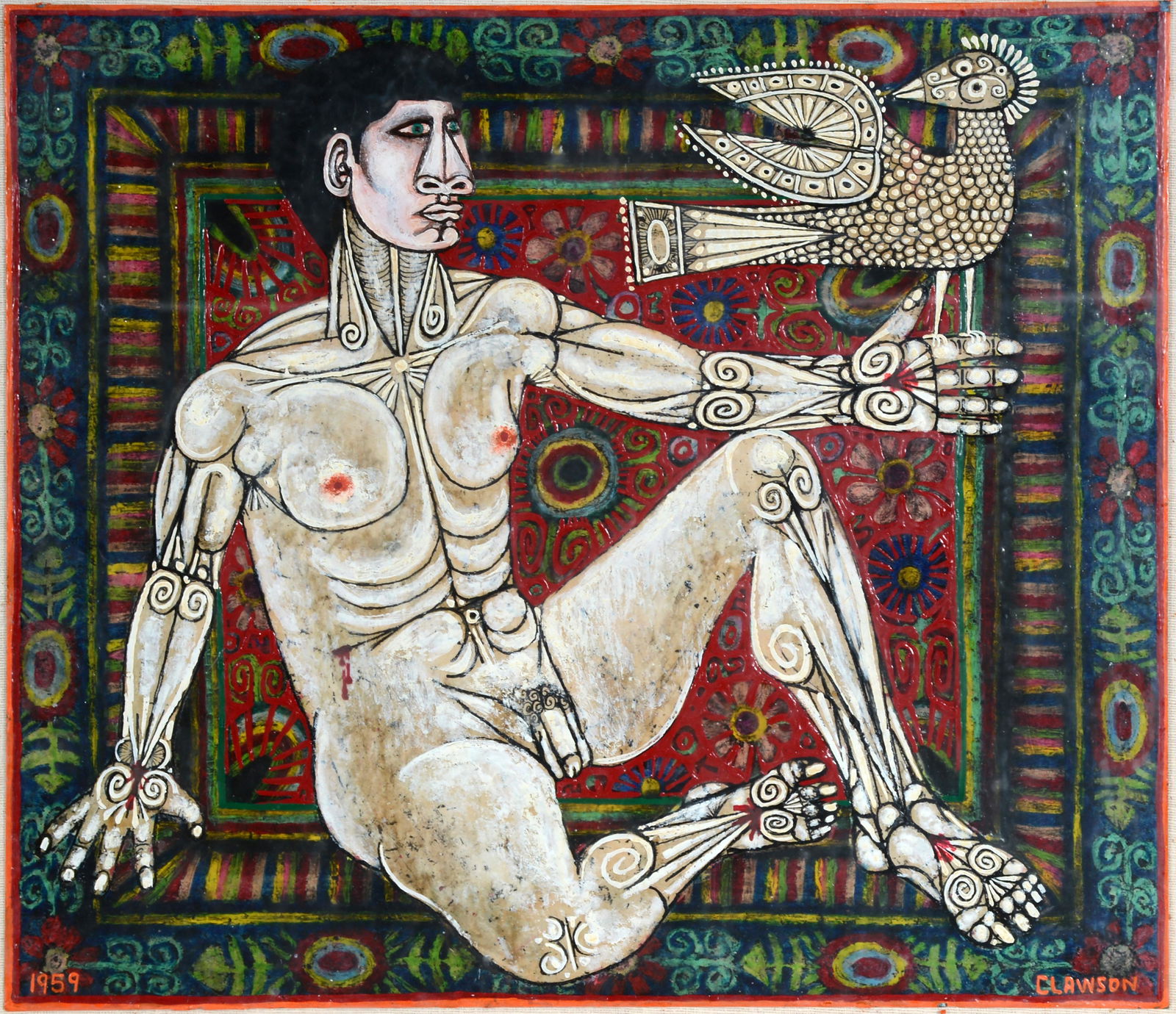 Rex Clawson. Male Nude With Hawk.: Rex Clawson. Male Nude With Hawk. 1959. Signed and dated. Oil on Masonite. Excellent condition. 24" x 21"â€ˆwith frame. Est. $1,000-2,000. Ship: $55