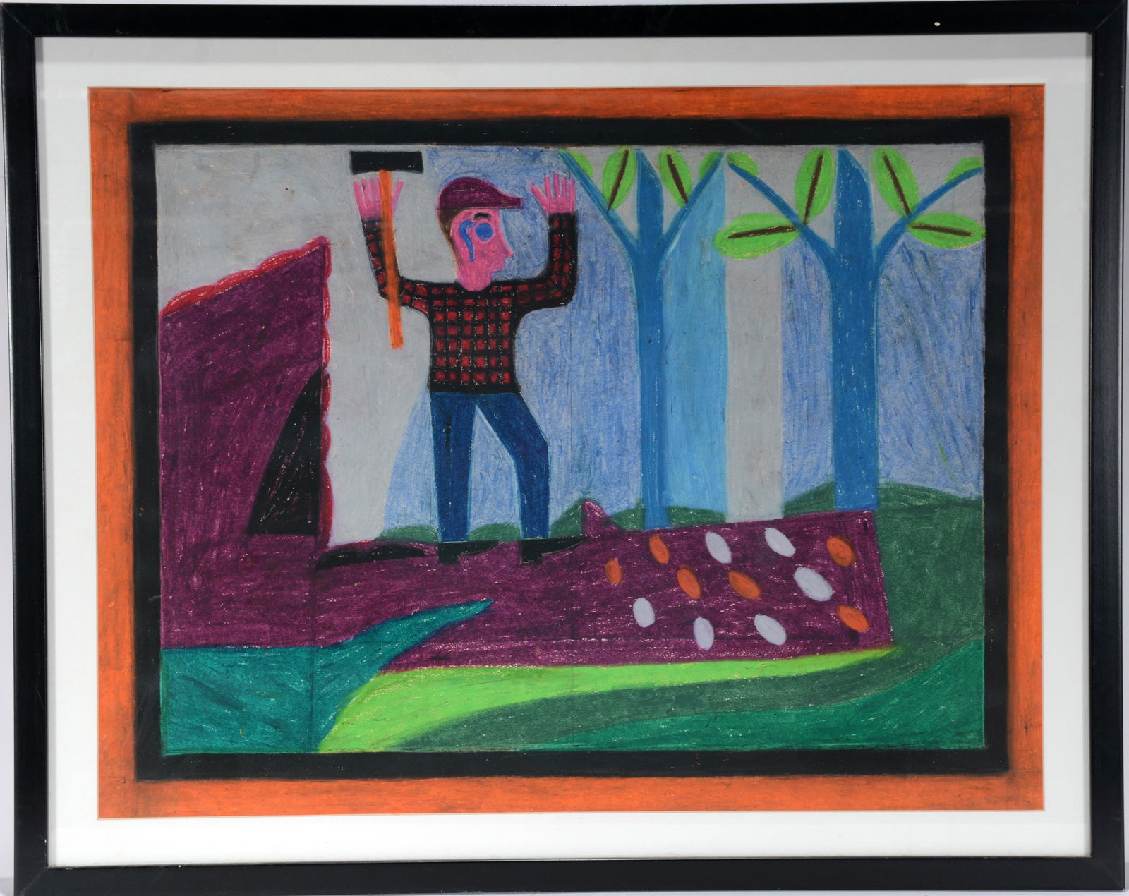 Eddie Arning. Lumberjack.: Eddie Arning. Lumberjack. Craypas on paper. Excellent condition. Strong image. 26" x 20". Frame is 30" x 24". Est. $2,000-3,000. Ship: $75