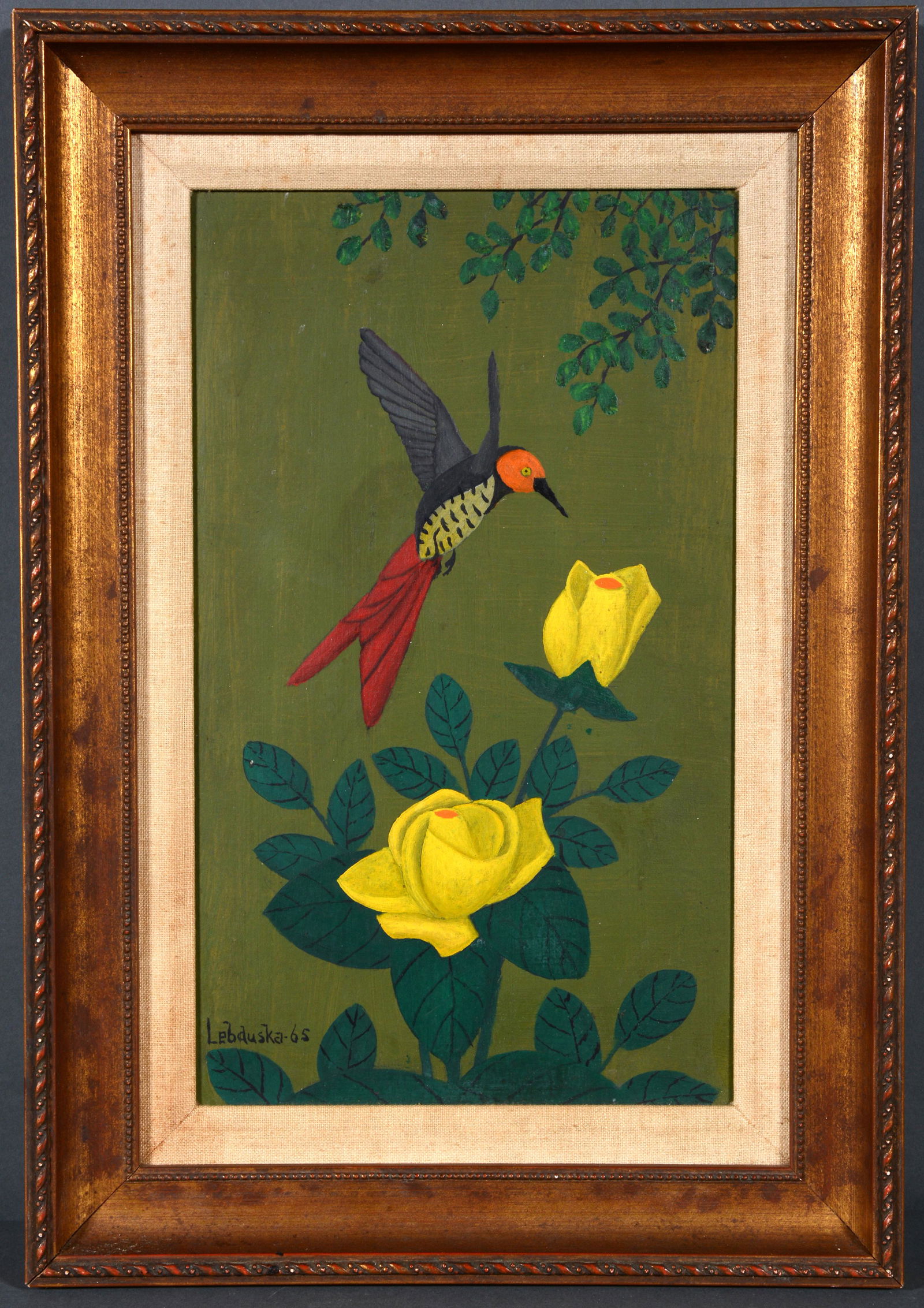 Lawrence Lebduska. Hummingbird & Yellow Roses. (1 of 3)