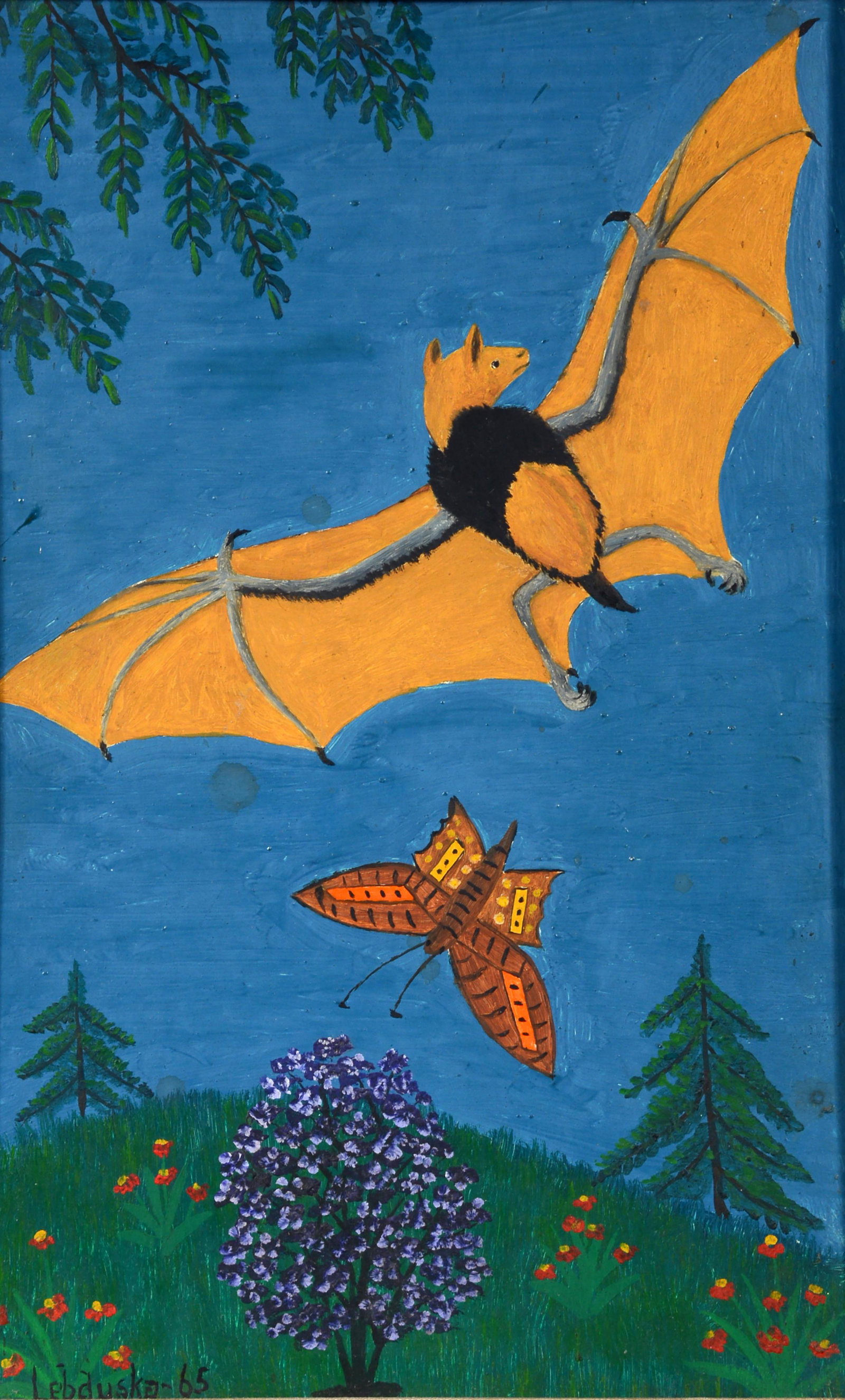 Lawrence Lebduska. Bat and Butterfly.: Lawrence Lebduska. Bat and Butterfly. 1965. Signed and dated. Oil on cardstock. Stray spots and matt needs to be replaced, otherwise good condition. 14"w x 19"h including frame. Provenance: The Davenp