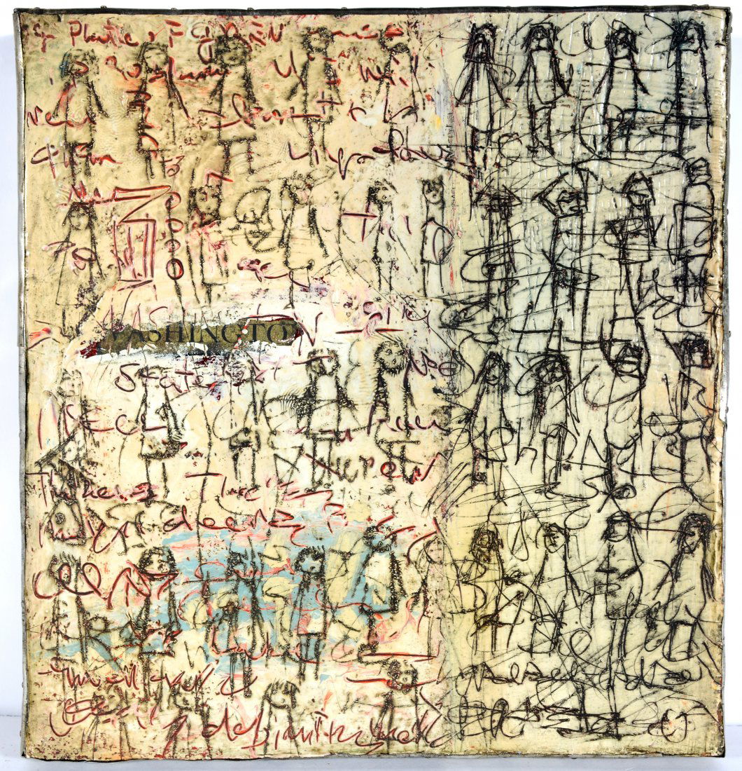 Terry Turrell. Crowd Pleaser.: Terry Turrell (b. 1946). Crowd Pleaser. 2005. Signed and titled on verso. Oil, enamel, paper and tin on wood with tin frame. 11.5" x 10.75" x 1.75". Provenance: Purchased in 2006 from American Primiti