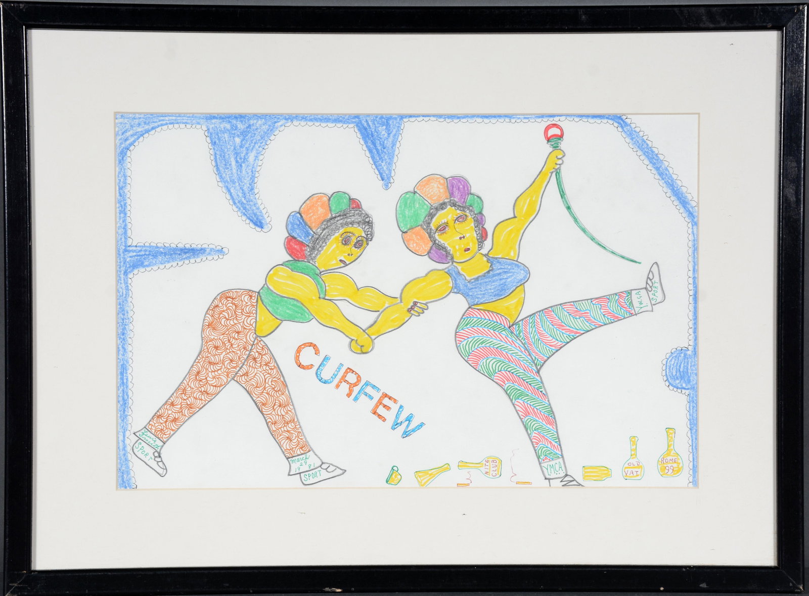 Lewis Smith. Curfew.: Lewis Smith. Curfew. 1981. Signed and dated. Crayon, marker and pencil on paper. Excellent condition. 23"w x 17"h with frame. Provenance: Larry and Jane Schlachter Collection. Est. $300-500. Ship: $45